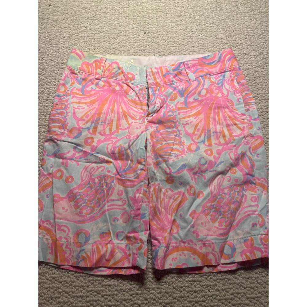 Lilly Pulitzer Chipper Short Pink Blue Tropical Shell Print Cotton Size 2 Preppy